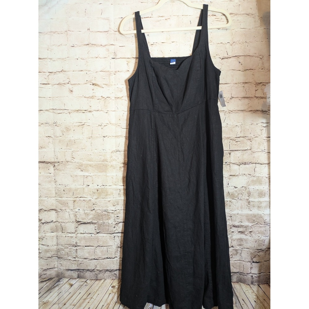 NEW Old Navy Linen Midi Dress Large Black Sweetheart Neck Flowy Pockets Smocked